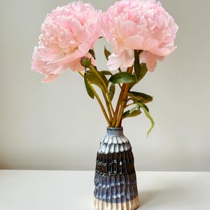 May include: Two large, light pink peony flowers with green stems and leaves arranged in a small, cylindrical ceramic vase. The vase features a textured, vertical ribbed pattern with a colour gradient transitioning from dark blue to light blue to cream.