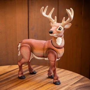 May include: A brown and white articulated deer figurine with large antlers. The deer has a smooth, matte finish, visible joints at the shoulders and hips, and black hooves. The figure is standing in a alert pose with its head turned to the side.