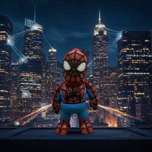 Peut inclure: Une petite figurine d'un personnage portant un costume rouge et bleu avec un motif de toile noire, de grands yeux blancs et un emblème d'araignée sur la poitrine, devant un paysage urbain nocturne avec des gratte-ciel illuminés et des toiles.