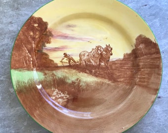 Antique Royal Doulton Plate - Man Ploughing a Field with Two Horses