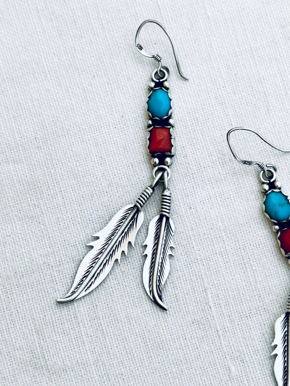 Old Pawn turquoise, coral, sterling feather earrin