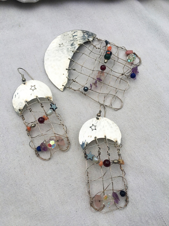 Moon & Stars Silver Earrings and Pin