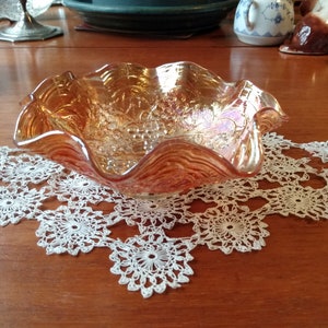 Vintage Carnival Glass Bowl with Wave Edges in Grape & Vine Pattern inIridescent Marigold Colour.In VCG. Lovely Retro Serving Dish
