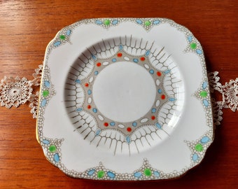 Plant Tuscan Art Deco Fine Bone China Tea Plates (6") Unusual Square shape & Stylised Pattern. Made in Longton, Staffordshire. 1936+. In VGC