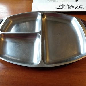 Vintage 1970&#39;s Stainless Steel  & Teak Serving Tray. One Large + two Smaller Compartments. Mid Century Modern Stylish Retro Dish. In GC.