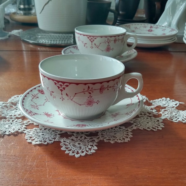 Furnivals Denmark Cup and Saucer in the Iconic Pattern in a Rare & Unusual Pinky Red Colour. Made In Staffordshire.England in 1960's.In VGC