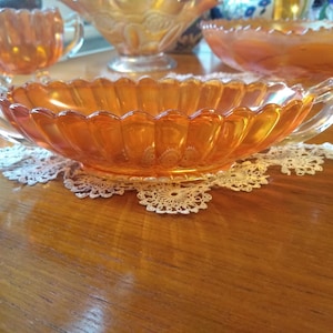 Imperial Pillar Flute Dish with handles in Iridescent Marigold Colour. Made is USA 1960s. Collectable Retro Carnival Glass Dish. In VGC