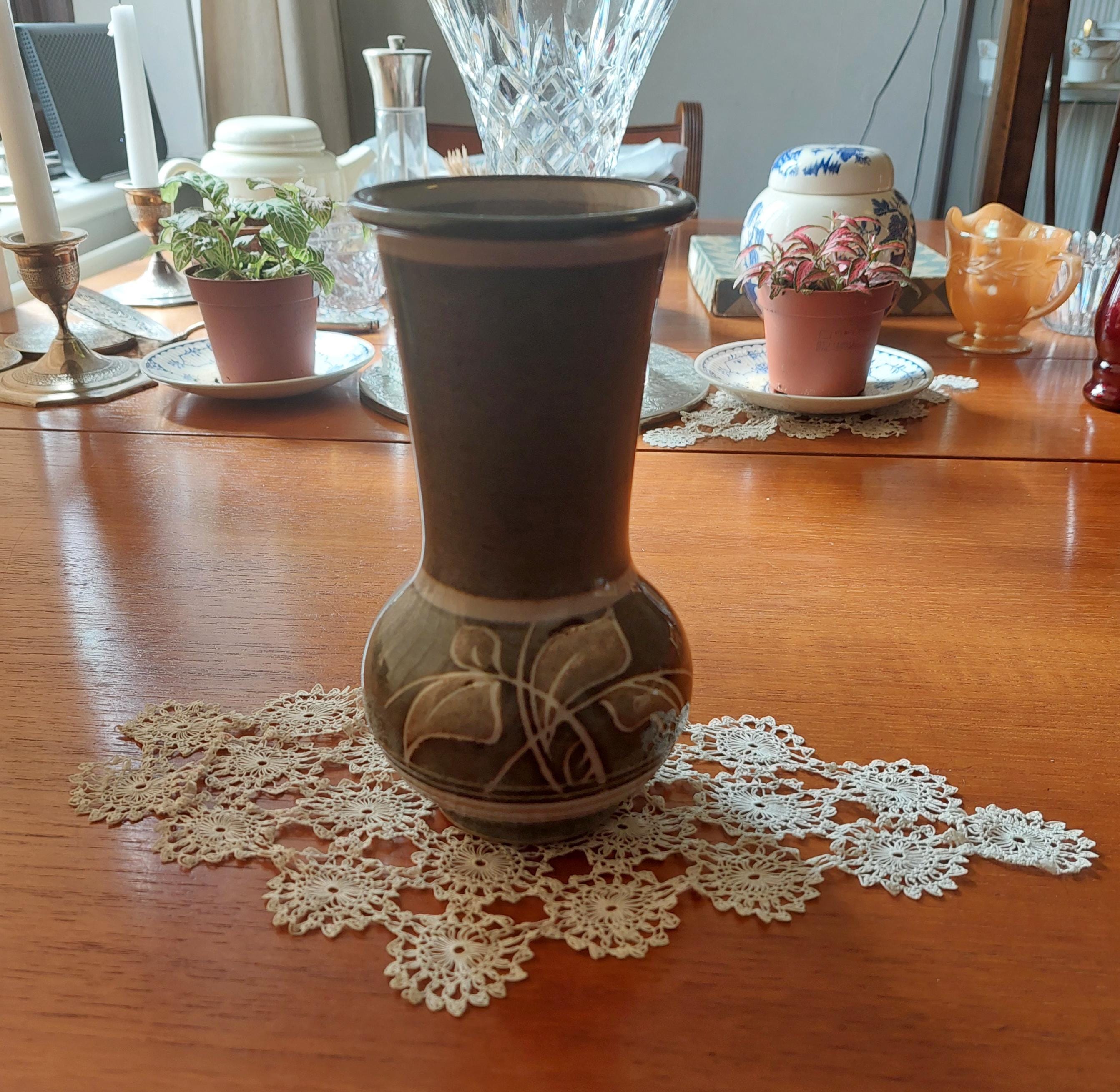 Vintage Denby Pottery Glazed Trumpet Vase with Lovely Scrafito Handpainted  Design in the 'Fresco' Made in England In VGC