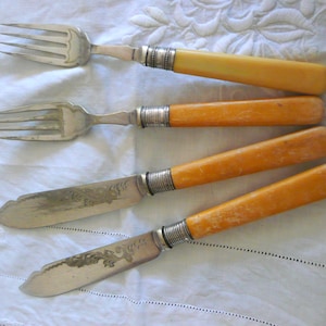 Set of 2 Pairs of Vintage  Silver Plated Fish Knives + Forks with Delicate Pattern Bone Handle Ends. Made in England 1940s/50s.