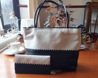 Vintage Jane Shilton Echtleder Schwarz + Weiß Handtasche mit Passender Geldbörse. Komplett ausgekleidet & Silber Metal Branded Tab. Hergestellt in England In VGC