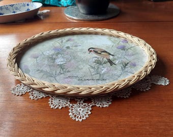 Vintage Imperial Melamine Oval Tray Goldfinch on Thistle Pattern by Christopher Scales & Wicker Edging 1970s. by Smit of Guildford. In VGC
