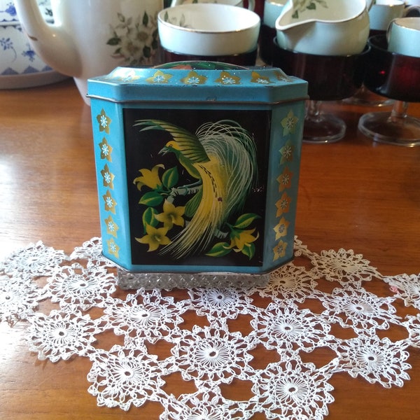 Vintage Octagonal Biscuit Tin. Stylised Scenes of Birds of Paradise/ Tropical Flowers in Vibrant Colours. Made in England. Retro Display Tin