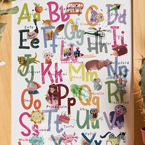 Poster Retro Alphabet ABC Buchstaben Lernposter Kinderzimmer A4 Kindergarten Grundschule Wallart  Vintage Illustration