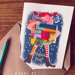 Weihnachtskarte Nostalgie Vintage 60er Illustration Michel Grußkarte Postkarte FineArt Recyclingpapier Pipi Handmade