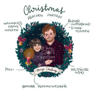 Digitale/Gedruckte Illustration Weihnachten Paar Portrait Familienporträt Valentinstag Verlobung Liebe Weihnachtsgeschenk 2 Personen
