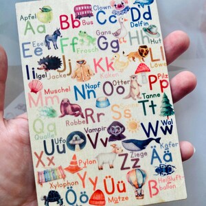 Schulkind Holz Karte Einschulung Geschenk Schultüte Postkarte Erste Klasse ABC Umlaute