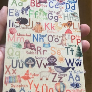 Schulkind Holz Karte Einschulung Geschenk Schultüte Postkarte Erste Klasse ABC Umlaute