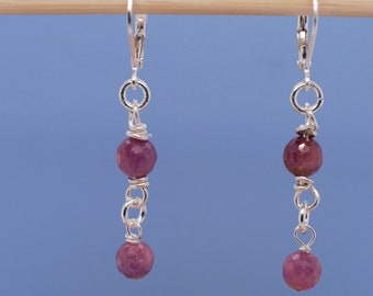 Ruby and Sterling Silver Drop Earrings, July Birthstone