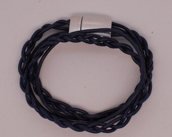 Dark Blue Leather Wrap Bracelet with a Magnetic Clasp