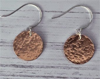 Hammered Disc Bronze Earrings, 8th anniversary Gift, Disc Earrings in Bronze, Eight Anniversary Gift