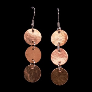 Hammered Copper Three Circle Earrings, 7th Anniversary Gift