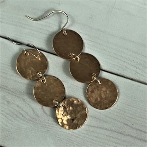 Hammered Three Circle Bronze Earrings, 8th Anniversary Gift, Three Circle Earrings in Bronze, Eight Anniversary GIft