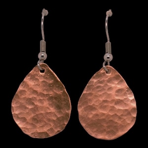 Copper Teardrop Hammered Earrings, 7th Anniversary Gift