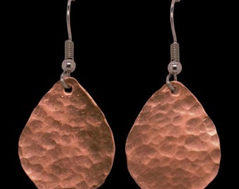 Copper Teardrop Hammered Earrings, 7th Anniversary Gift
