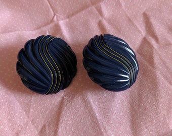Navy Blue Round Stud Shell Style Vintage Earrings Embellished with Tiger Tail Gold Wire