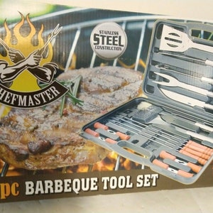 May include: A 19-piece barbecue tool set in a black carrying case with a red and orange handle. The tools are made of stainless steel and have a lifetime warranty. The set includes a spatula, tongs, skewers, a grill brush, and more.