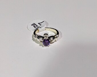 Heart Held with Hands Claddagh Ring Amethyst Colored Size 7