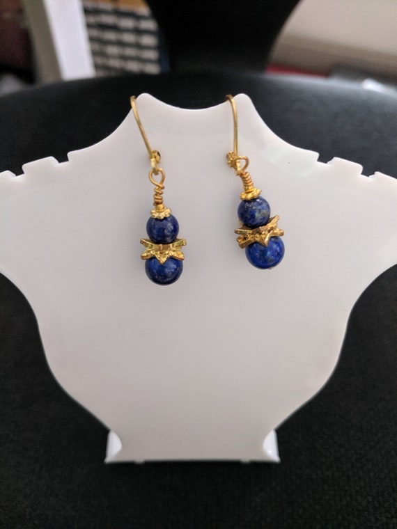 Dark Blue Lapis Lazuli Round Vintage Drop Earrings