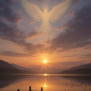 Puede incluir: Un paisaje sereno representa una puesta de sol sobre un lago, con un muelle de madera en primer plano. El cielo está lleno de nubes y una figura de ángel brillante. Los rayos del sol se reflejan en el agua, creando una escena pacífica y espiritual.