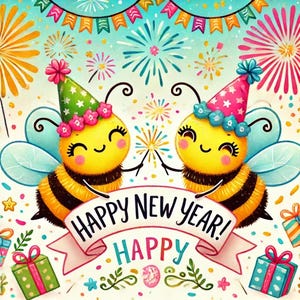 Puede incluir: Dos abejas de dibujos animados con sombreros de fiesta y sosteniendo chispas. Están de pie frente a una pancarta que dice "Happy New Year! Happy". El fondo está decorado con confeti de colores, fuegos artificiales y banderas.