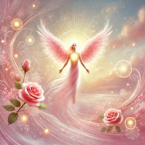 Puede incluir: Un ángel rosa con las alas extendidas, brillando con una luz dorada, rodeado de rosas rosas y un fondo suave y etéreo.