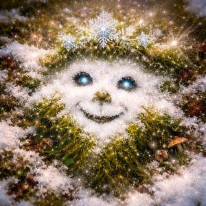 May include: A fantastical winter image of a smiling face made from snow, moss, and mushrooms. The face has glowing blue eyes and a crown of snowflakes. The scene is set in a forest with sparkling effects.
