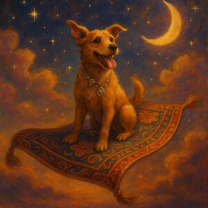 May include: A golden-colored dog with a happy expression, wearing a necklace, sits on a patterned magic carpet. The background features a night sky with a crescent moon, stars, and fluffy clouds. The carpet has a blue and red border with floral designs.