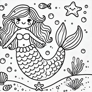 Puede incluir: Un dibujo en blanco y negro de una sirena con el pelo largo y suelto, un sujetador de concha y una cola escamosa. La sirena está rodeada de burbujas, una estrella de mar y algas.