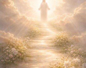 May include: A serene, ethereal image depicts a figure in white robes standing in a radiant light. A pathway ascends through clouds, lined with flowers, leading towards the figure. The scene evokes a sense of peace and spirituality.