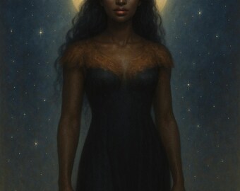 May include: A digital painting of a woman with dark skin, green eyes, and long black hair. She wears a black dress and has large horns and ears. A bright yellow moon is behind her, and stars dot the dark blue background.