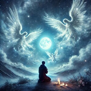 Puede incluir: Una persona se arrodilla en oración con las manos juntas, mirando hacia arriba a una luna llena y tres ángeles blancos brillantes con alas contra un cielo nocturno estrellado.