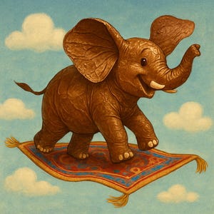 Puede incluir: Una ilustración caprichosa de un elefante marrón con orejas grandes, una expresión sonriente y colmillos de marfil, volando sobre una alfombra mágica estampada contra un cielo azul con nubes blancas esponjosas. La alfombra tiene un diseño rojo y azul.