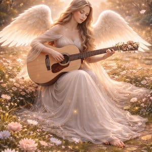 Può includere: Una donna con lunghi capelli biondi e grandi ali bianche suona una chitarra acustica di legno. Indossa un abito bianco sporco e seduta in un campo di fiori. La chitarra è decorata con fiori.