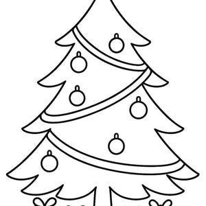 Könnte beinhalten: Schwarz-Weiß-Illustration eines Weihnachtsbaums mit Kugeln und einem Stern. Geschenke befinden sich am Fuß des Baumes. Festliches Bild.