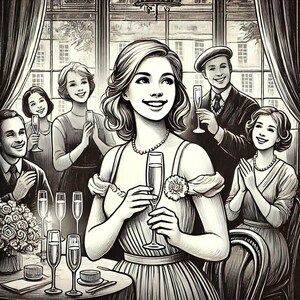 May include: Black and white illustration of a celebratory gathering. Several people are holding champagne flutes, with a woman in the foreground smiling. A table is set with champagne glasses, a floral arrangement, and small dishes.
