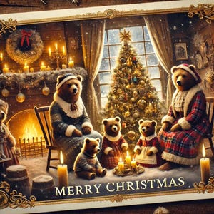 May include: A Christmas scene with four teddy bears wearing festive clothing. The bears are gathered around a decorated Christmas tree with ornaments and lights. The scene is set in a cozy living room with a fireplace and a wreath on the wall. The text "Merry Christmas" is written in gold lettering at the bottom of the image.