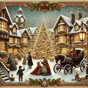 May include: A snowy Christmas scene with a large decorated Christmas tree in the center.  The tree is surrounded by buildings with lit windows and a horse-drawn carriage.  People are walking around and enjoying the festive atmosphere.