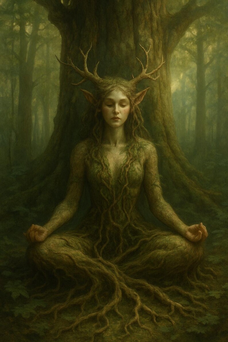 May include: A woman with antlers and vines growing from her body sits in a meditative pose in a forest. She is surrounded by green foliage and trees.
