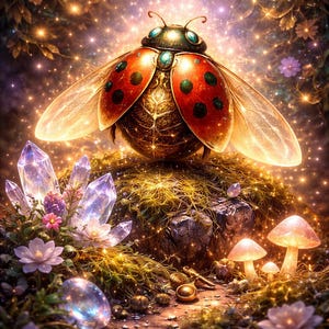 May include: A digital illustration of a ladybug with red and black spots, perched on a mossy mound with crystals, flowers, and glowing mushrooms. The scene is illuminated with sparkling lights, creating a magical, fantasy theme.