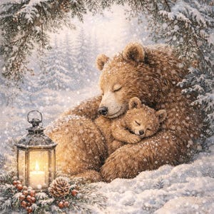 May include: A heartwarming illustration of a mother bear and her cub nestled together in a snowy forest. The bears are a warm brown color, and the scene is illuminated by a lantern with a lit candle. Pine boughs and snow complete the winter scene.